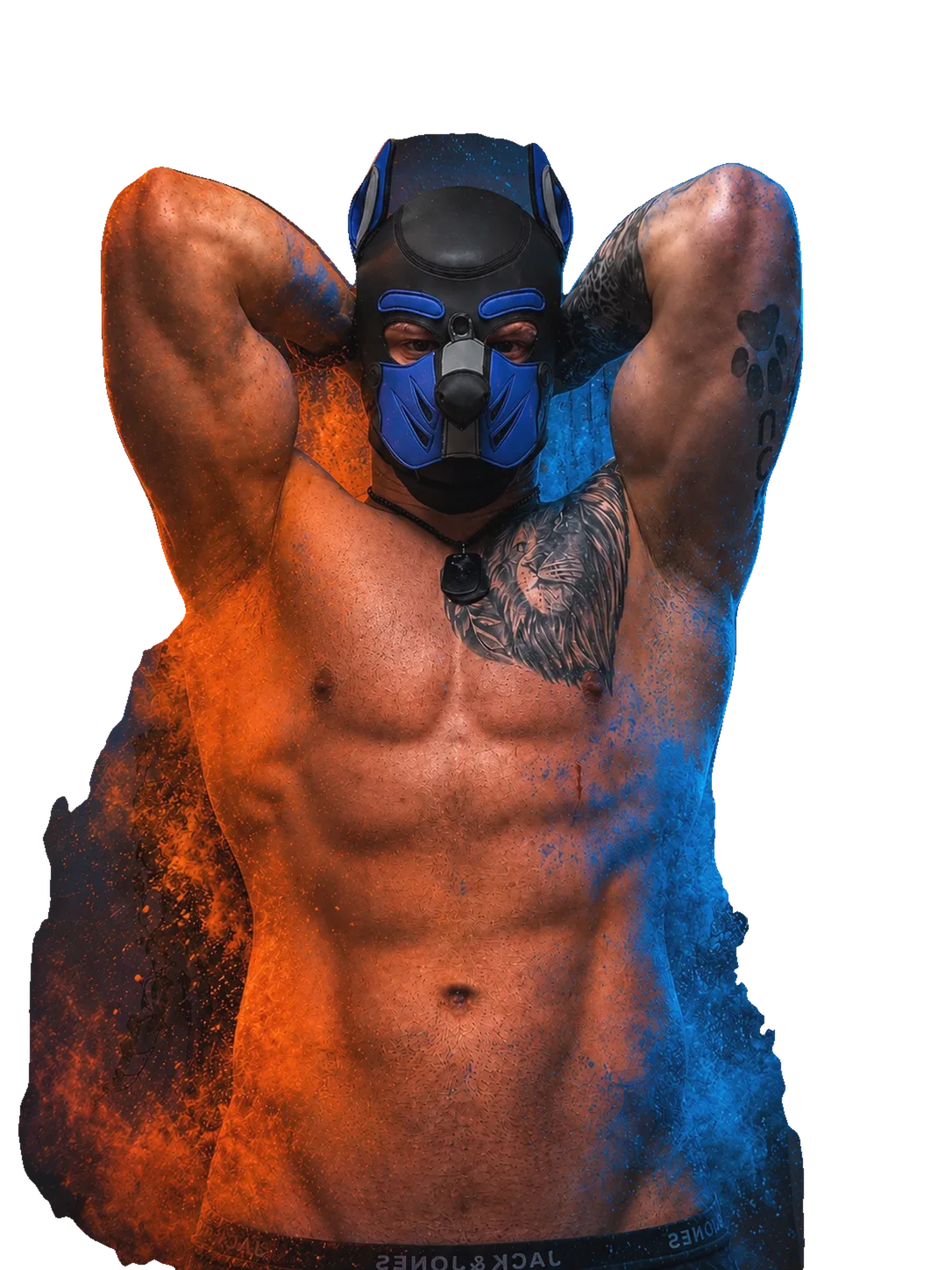 Pup Bacu in a black and blue pup hood, arms behind his head, fire and ice light.